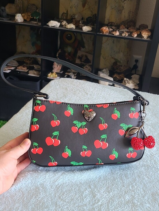 Betsey Johnson Handbags - Betsey Johnson Black Cherry Print Crossbody Bag with Red Charm